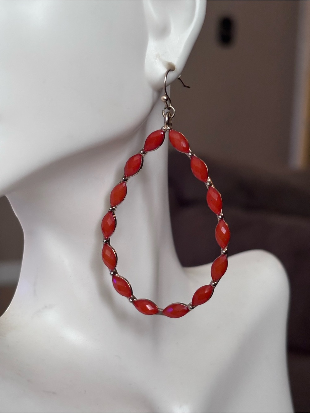 3/$20 Orange Cabochon Teardrop Shaped Wire Earrings
